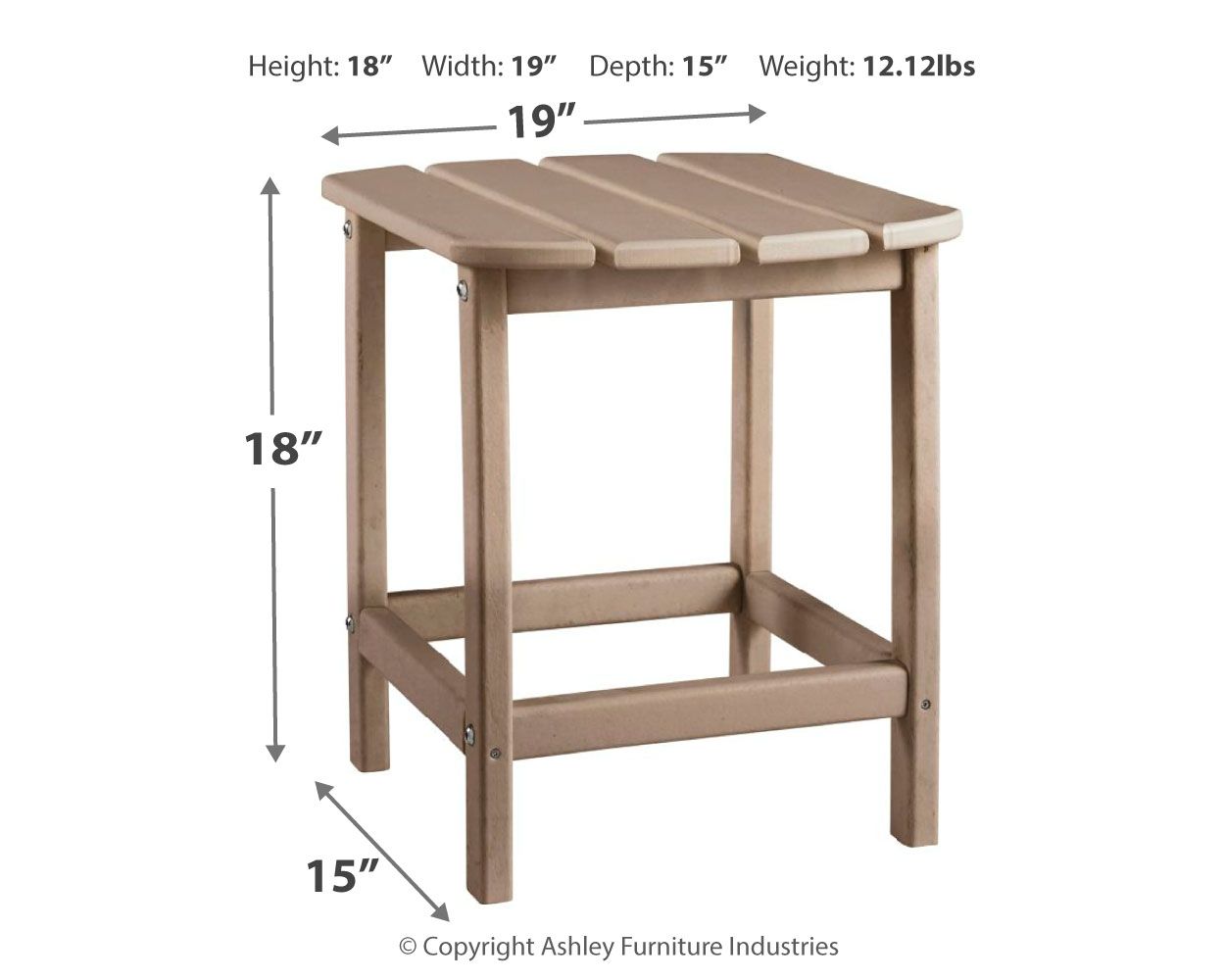Tan outdoor end table with slatted top and open lower shelf, dimensions diagram