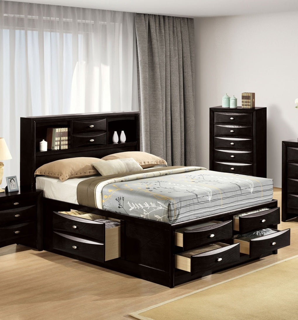 Contemporary Queen Bed: Black, Bookcase Headboard, Footboard Drawers
