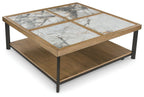 Square cocktail table with marble-look tile top, wood border, dark metal legs and shelf