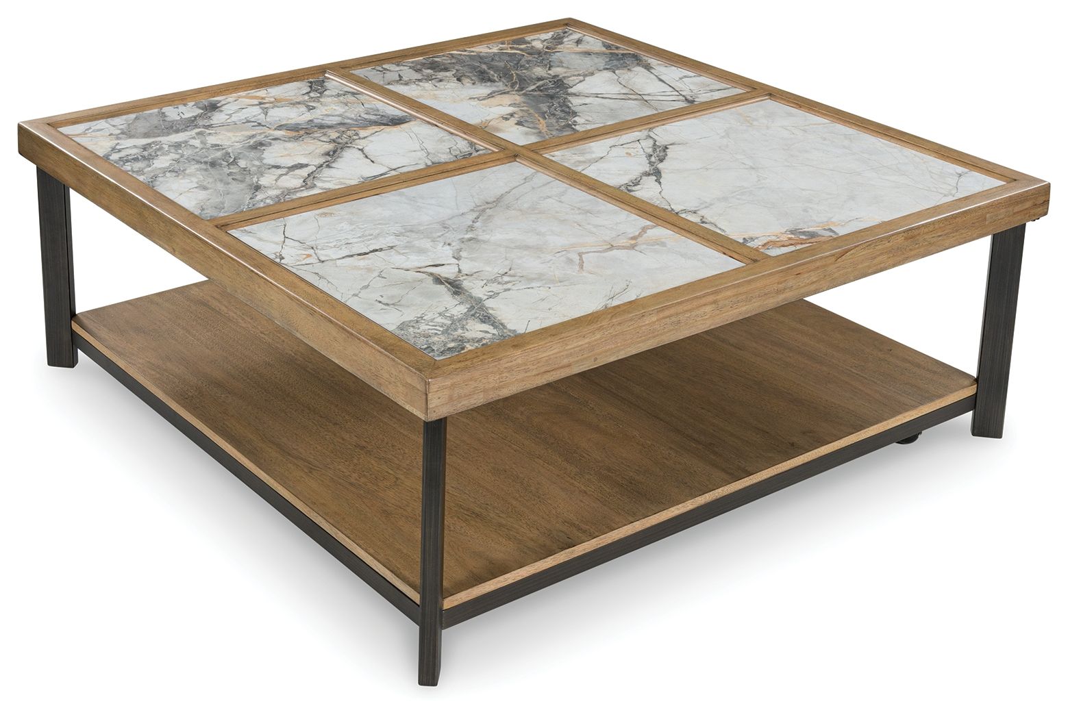 Square cocktail table with marble-look tile top, wood border, dark metal legs and shelf