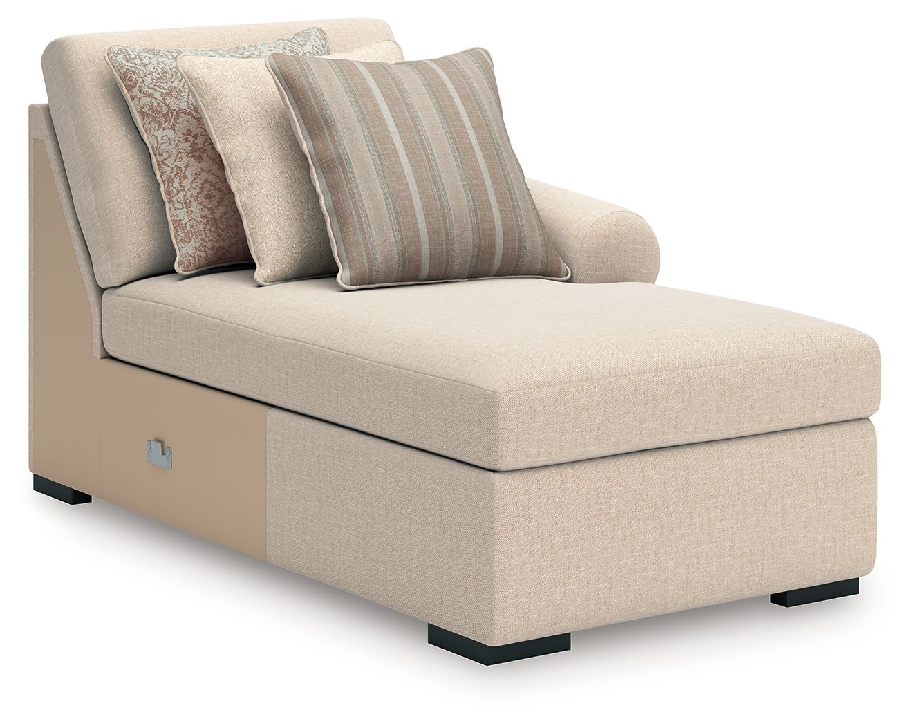 Beige chaise sectional seat with three back pillows and dark base feet