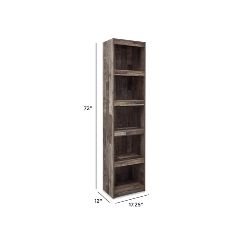 Tall distressed gray wood bookcase with 5 open shelves and vertical frame
