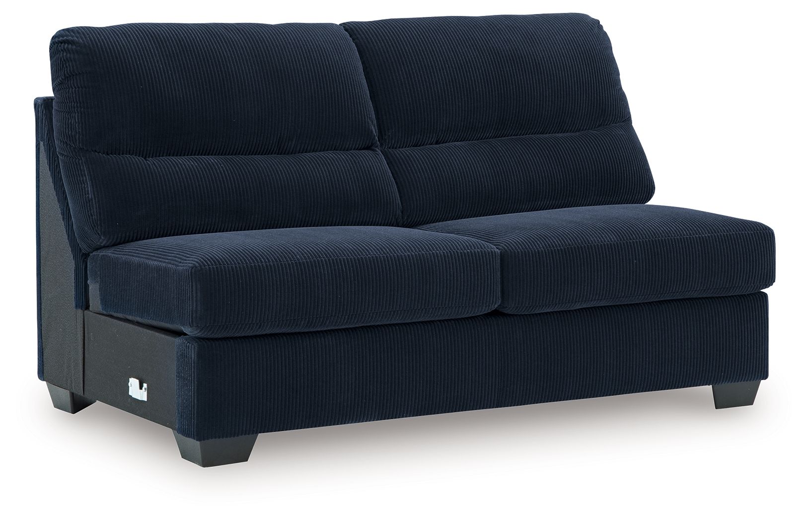 Navy upholstered armless loveseat with padded seat, back cushions, and low legs.
