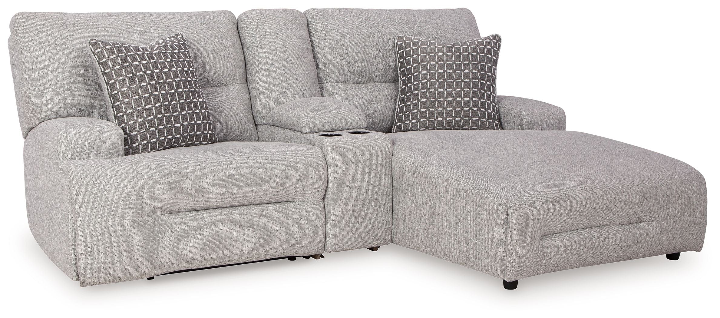 Pewter power reclining sectional sofa with two accent patterned throw pillows