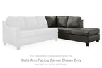 Right-side dark gray corner chaise with tufted seat and back cushions, square legs.