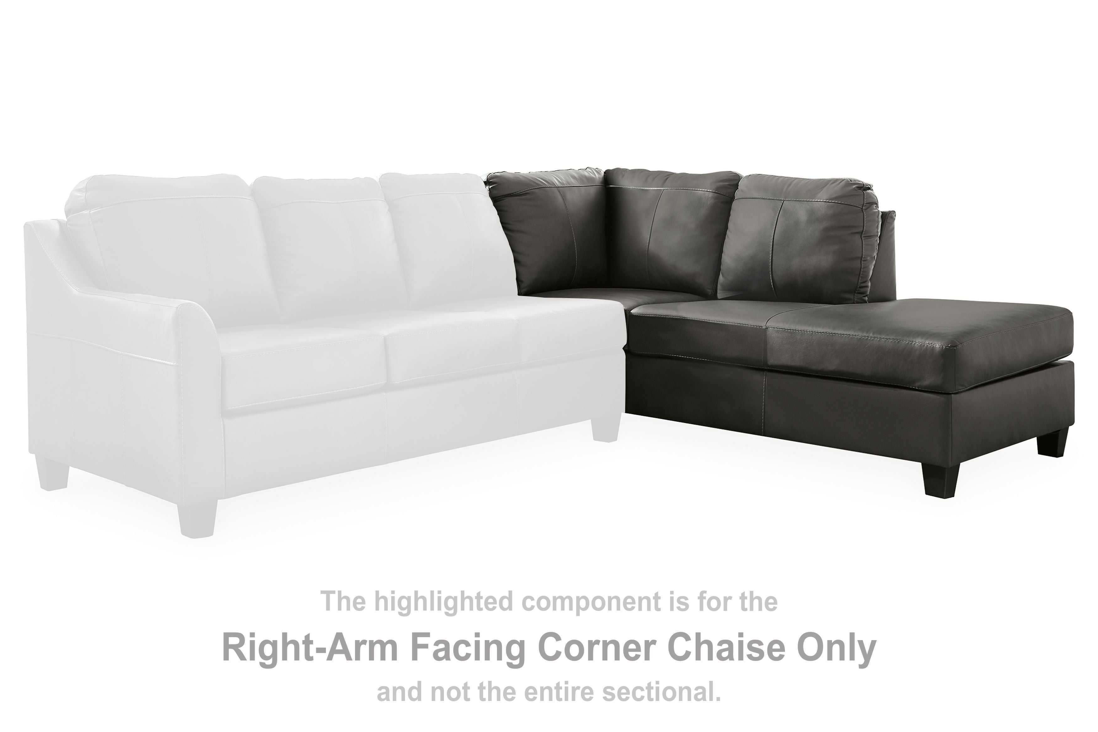 Right-side dark gray corner chaise with tufted seat and back cushions, square legs.