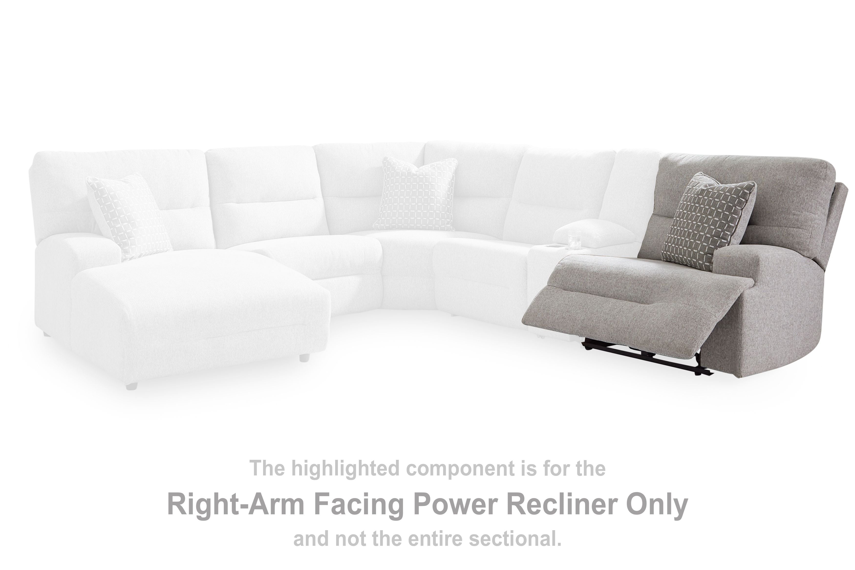 Light gray sectional sofa with recliner-style seat and two throw pillows