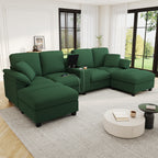 Green corduroy sectional sofa with double chaise and storage ottomans