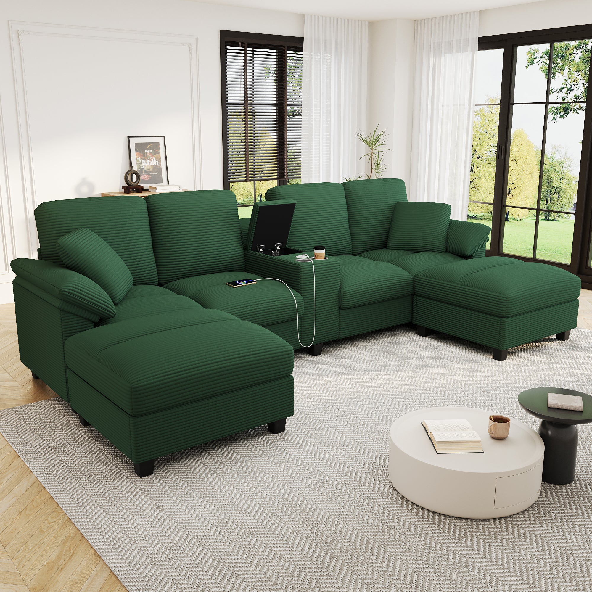 Green corduroy sectional sofa with double chaise and storage ottomans