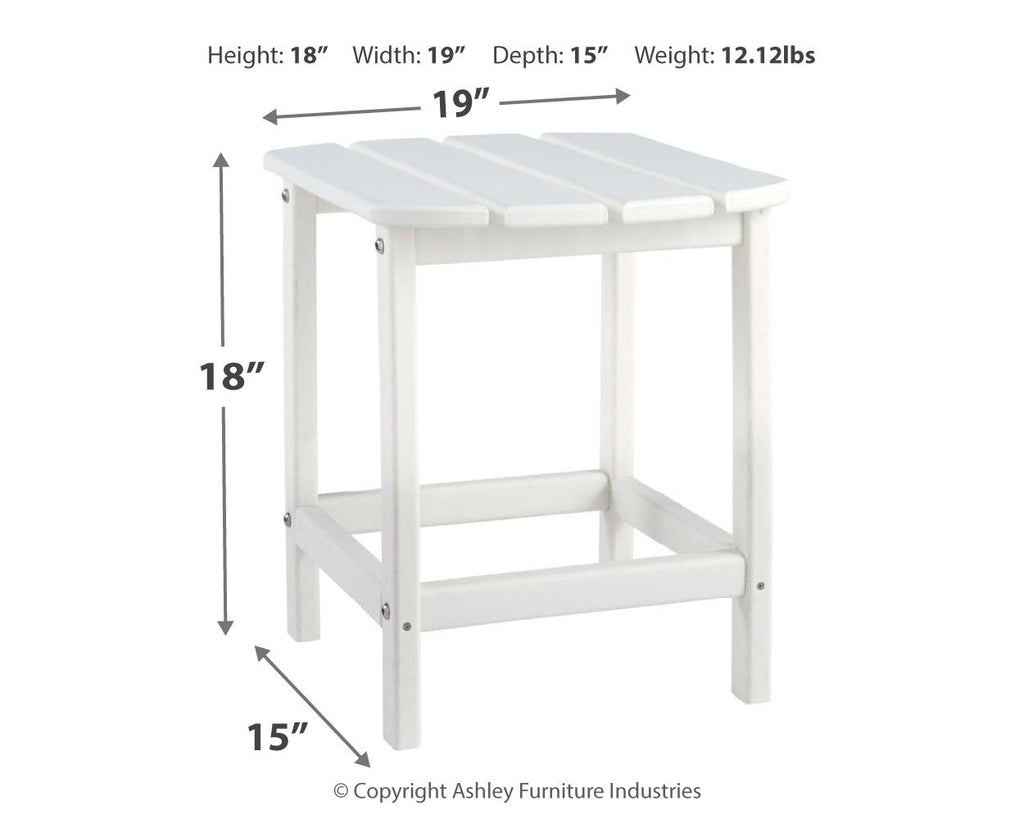 White outdoor end table with slatted top and open lower shelf, dimensions diagram