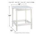 White outdoor end table with slatted top and open lower shelf, dimensions diagram
