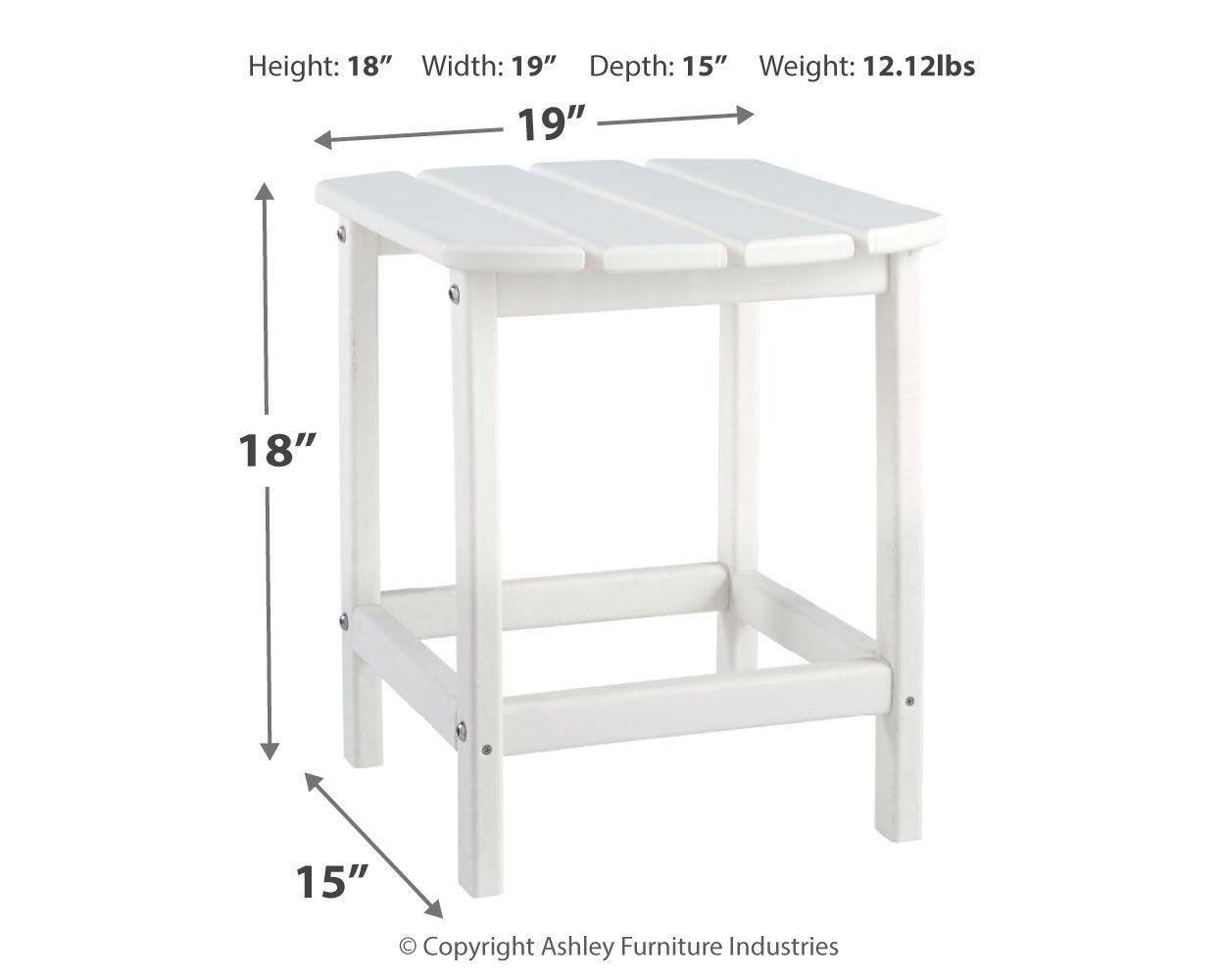 White outdoor end table with slatted top and open lower shelf, dimensions diagram