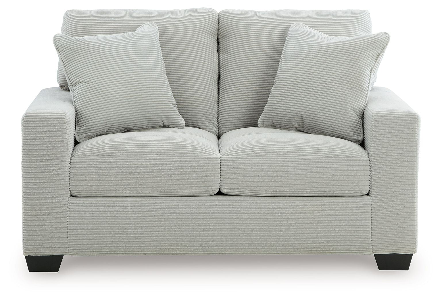 Upholstered loveseat with two seat cushions and three striped back pillows, light upholstery