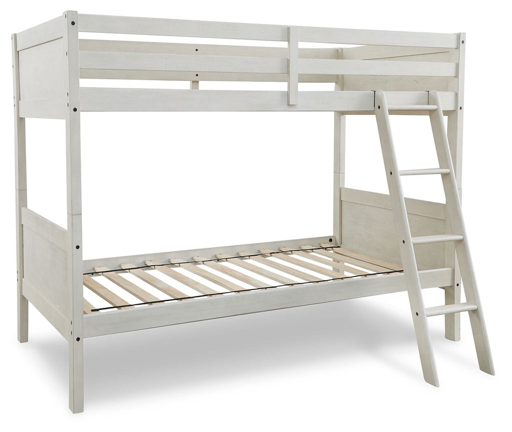 Antique white twin over twin bunk bed with ladder and slatted mattress base