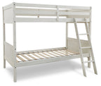 Antique white twin over twin bunk bed with ladder and slatted mattress base