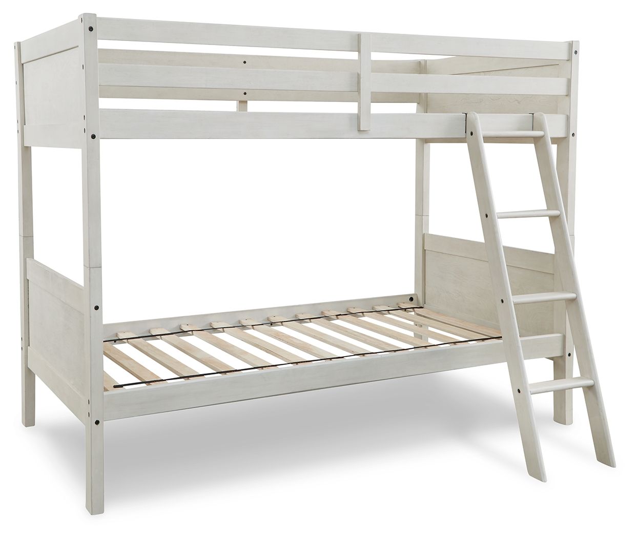 Antique white twin over twin bunk bed with ladder and slatted mattress base