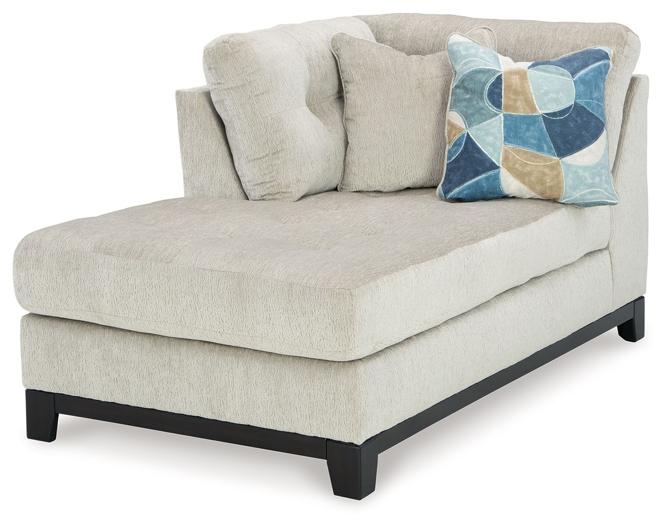 Stone fabric corner chaise with left arm, tufted back, geometric throw pillow, dark legs