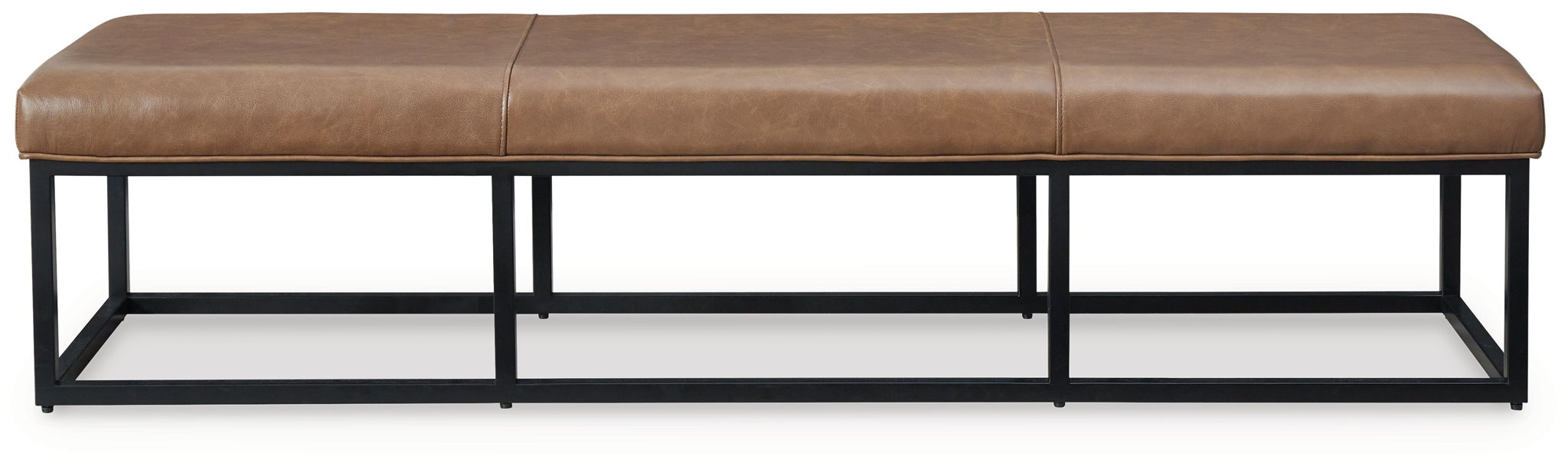 Low caramel brown bench with padded top and black steel base, side view