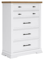 White chest of five drawers with black pulls and a natural wood top