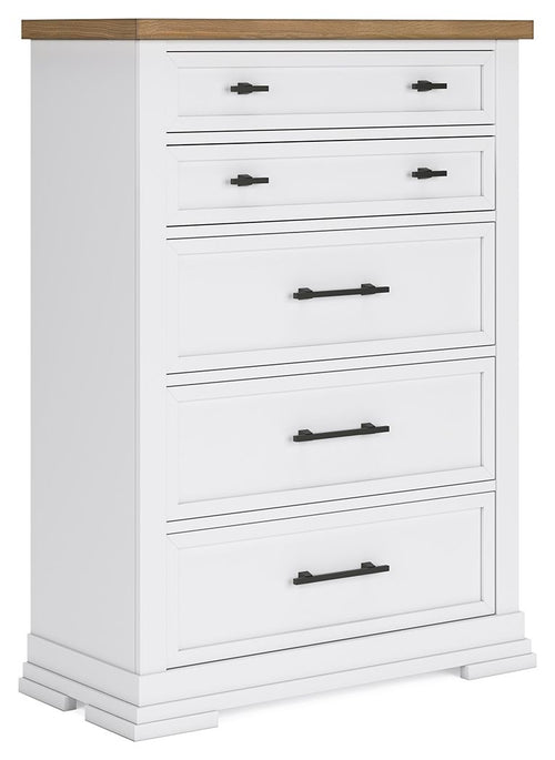 White chest of five drawers with black pulls and a natural wood top