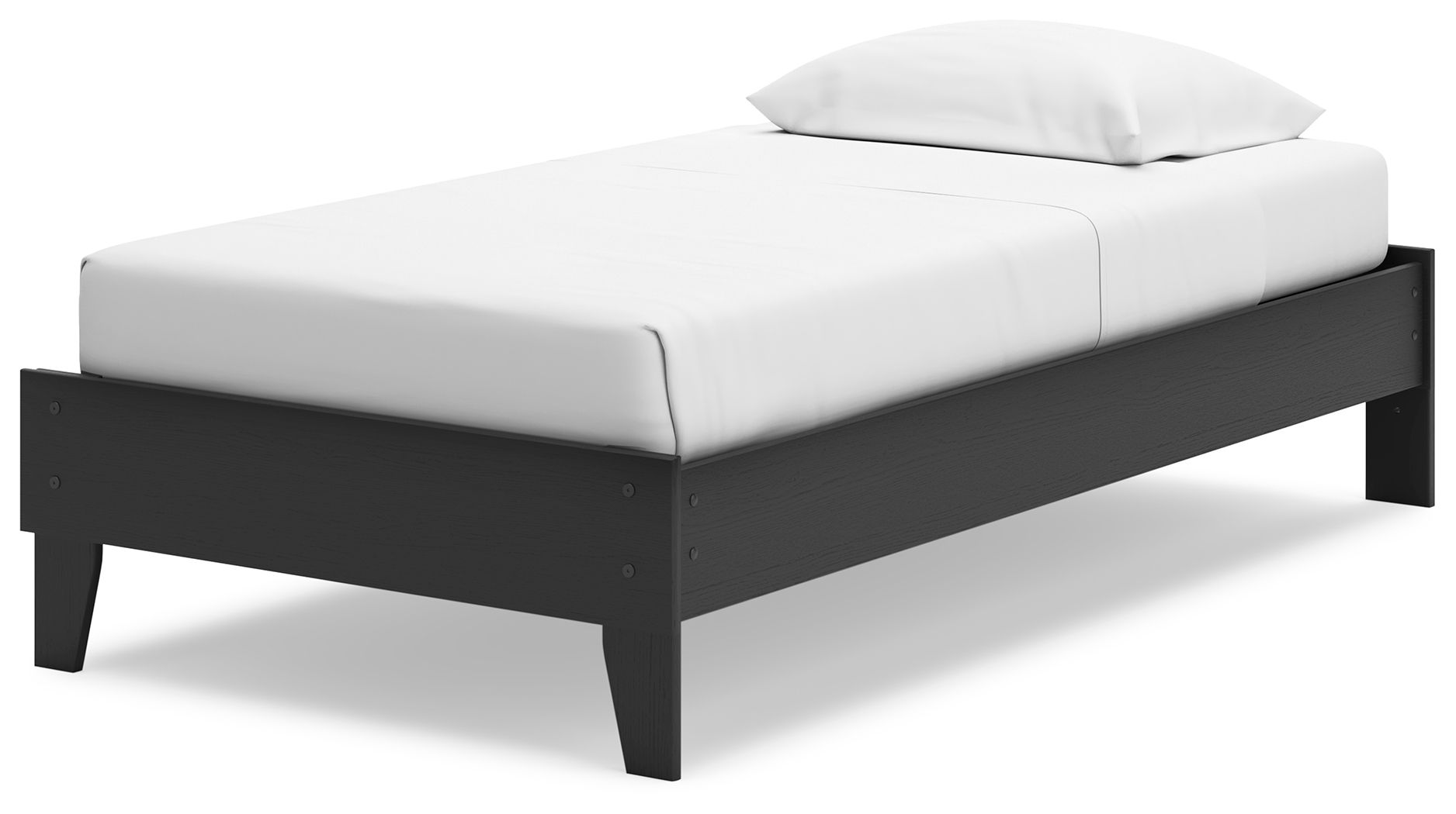 Platform bed with white mattress and dark side rails, two pillows visible