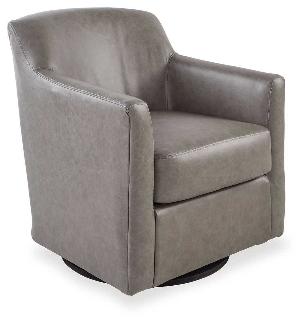 Gray swivel accent chair with boxy arms, cushioned seat, and curved rotating base