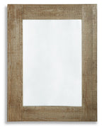 Distressed brown accent mirror with wide rectangular border and clear glass