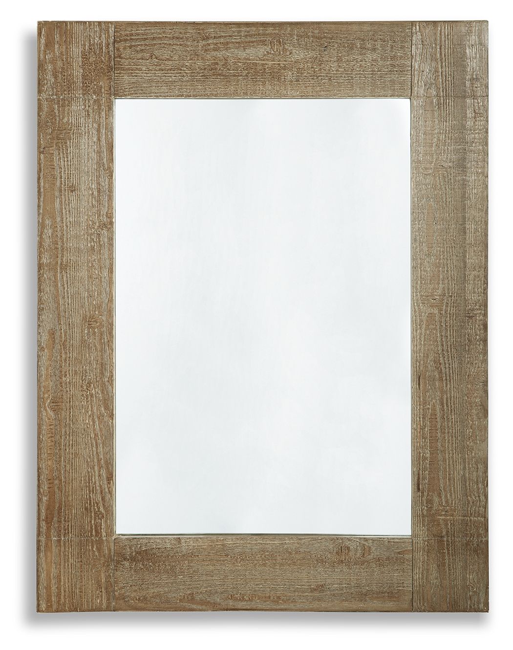 Distressed brown accent mirror with wide rectangular border and clear glass