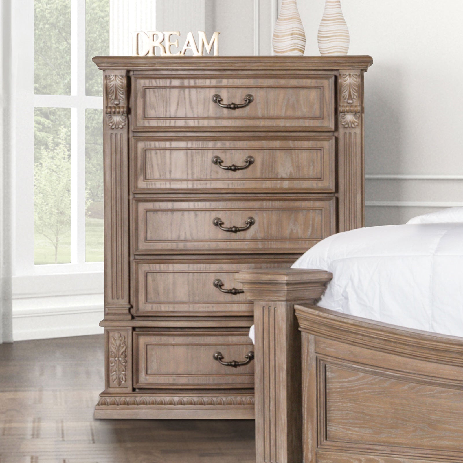 Transitional Weather Oak Chest | Dentil Molding Bedroom Storage