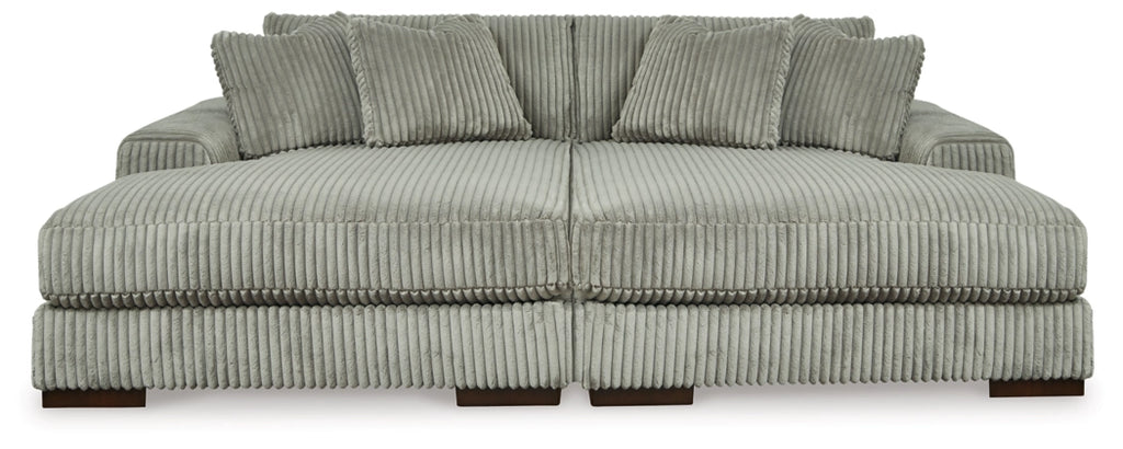 Fog gray sectional sofa with chaise and tufted-look back cushions in ribbed cord