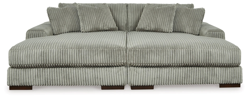 Fog gray sectional sofa with chaise and tufted-look back cushions in ribbed cord