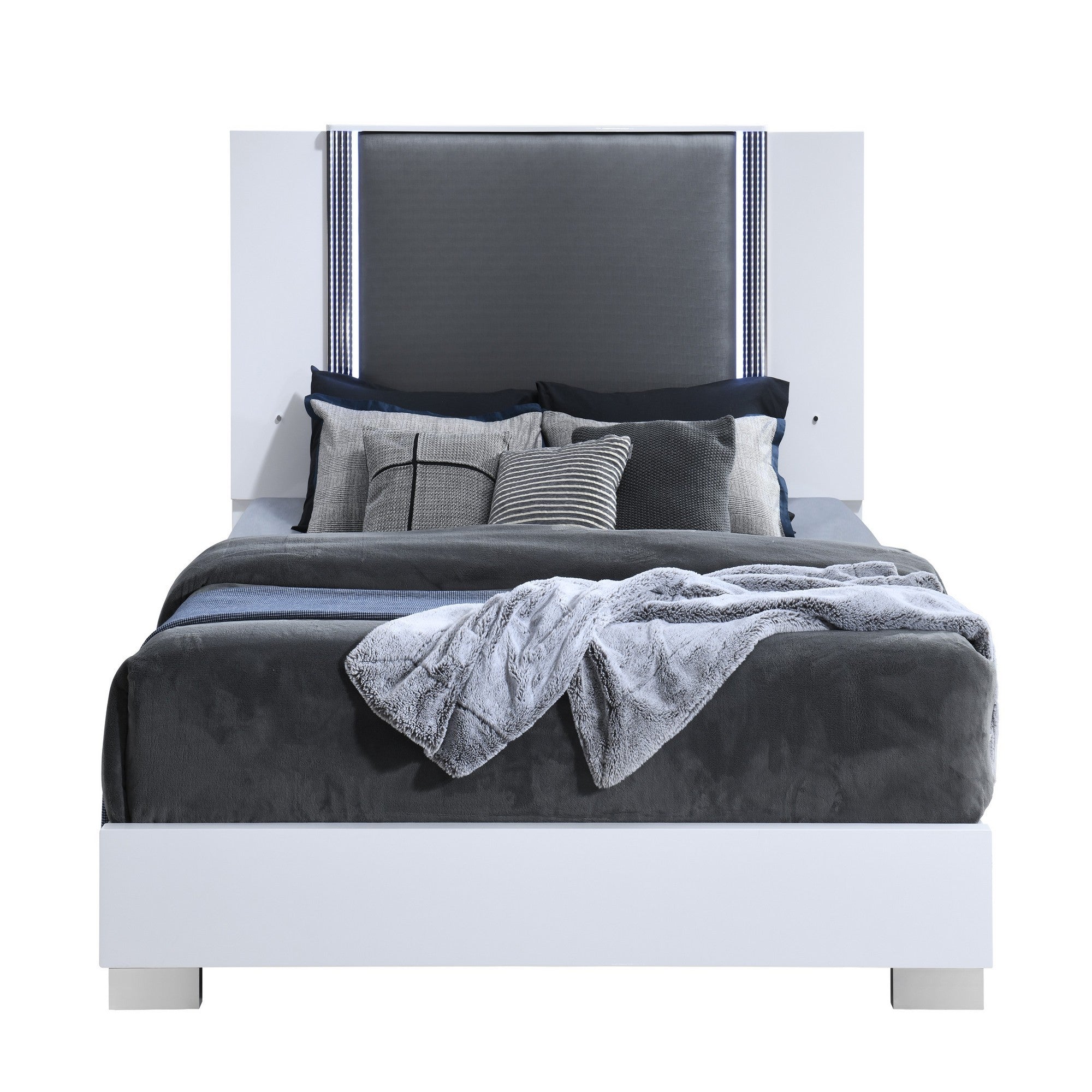 MOON Smooth White Queen Bed with LED Accent, Solid Wood Frame