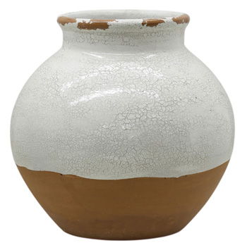 Glazed ceramic vase with cracked white upper and brown lower, short neck opening