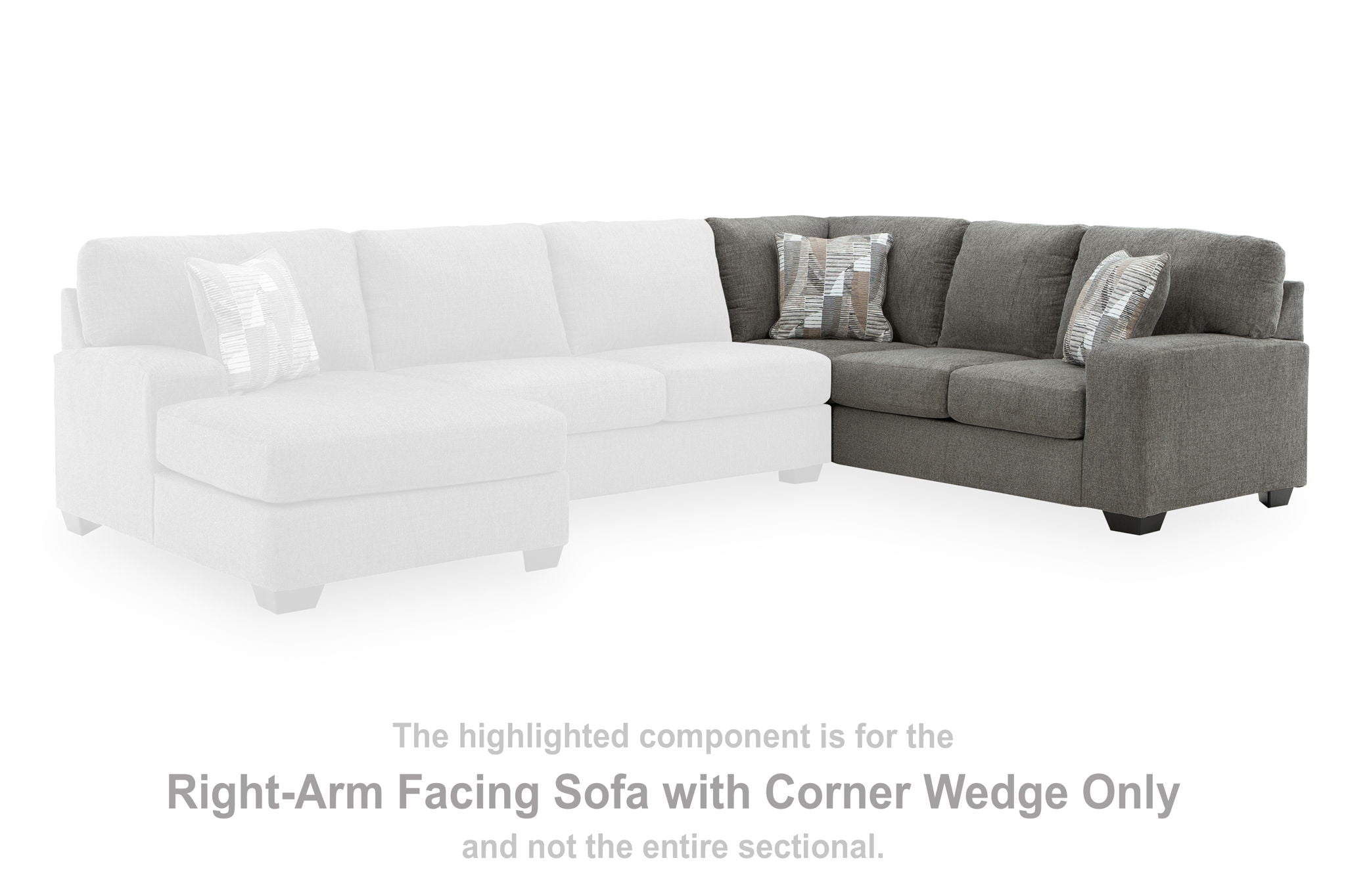 Right-arm facing grey corner wedge sofa section with back and seat cushions
