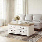 Rectangular table with wood top, four drawers, and dark bronze bar handles.