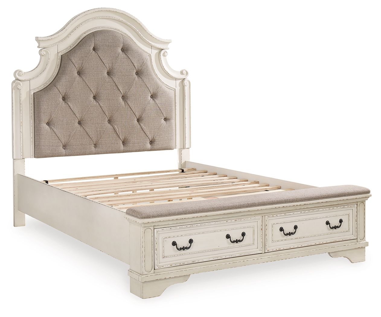 Storage bed frame with tufted headboard and open slatted base, white