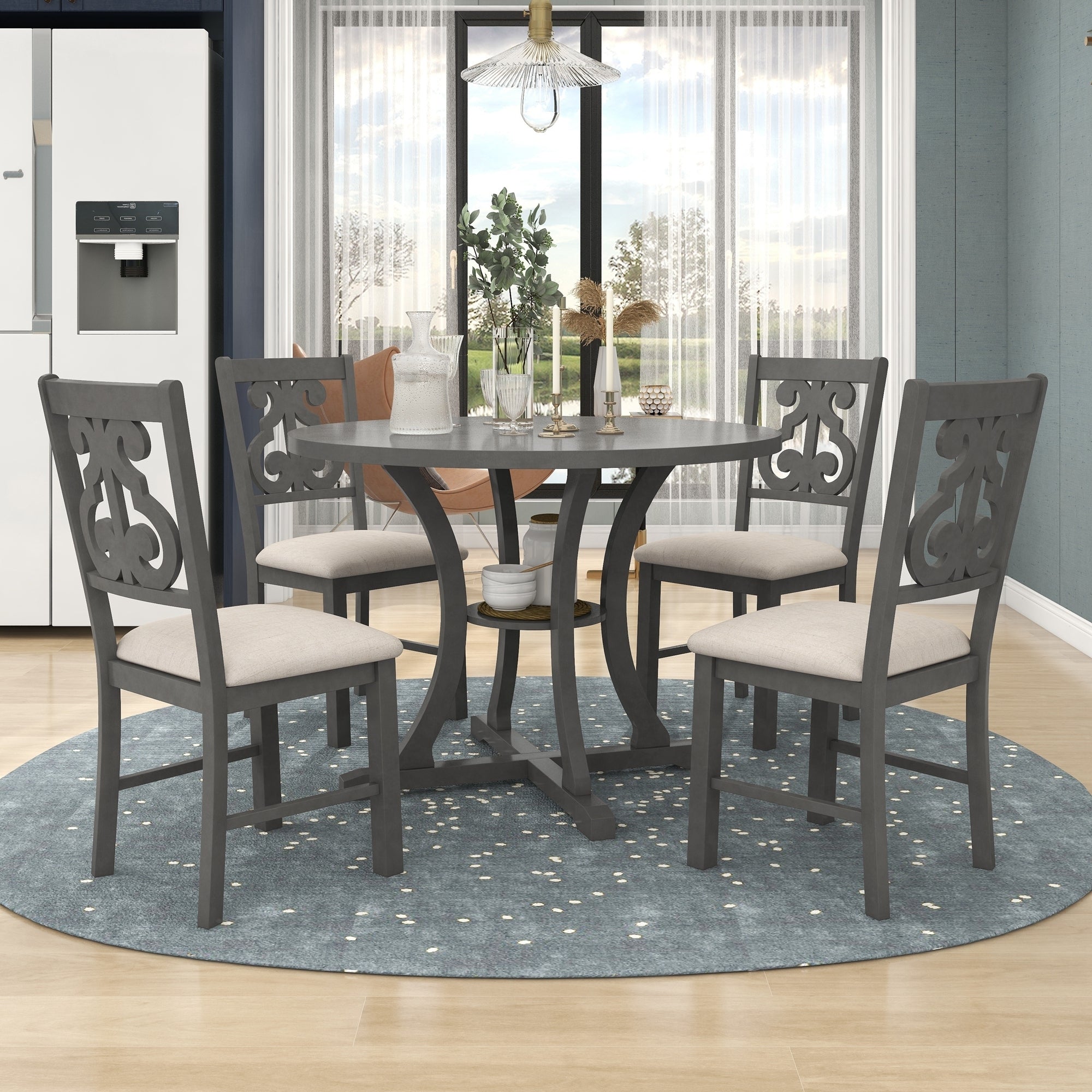 5-Pc Round Dining Set w/ Hollow Back Chairs (Gray)