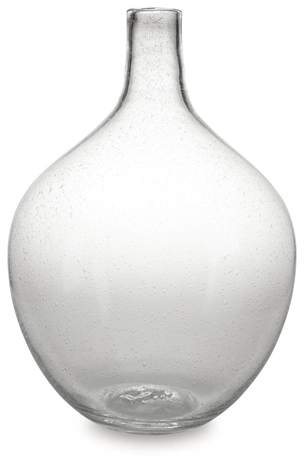 Clear glass vase with speckled texture and narrow neck, full rounded silhouette.