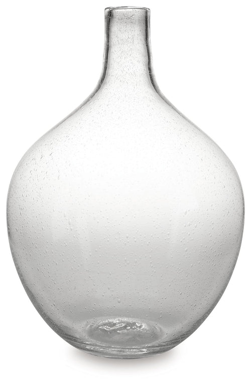 Clear glass vase with speckled texture and narrow neck, full rounded silhouette.