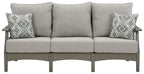 Gray outdoor sofa with three seat cushions and two geometric patterned back pillows