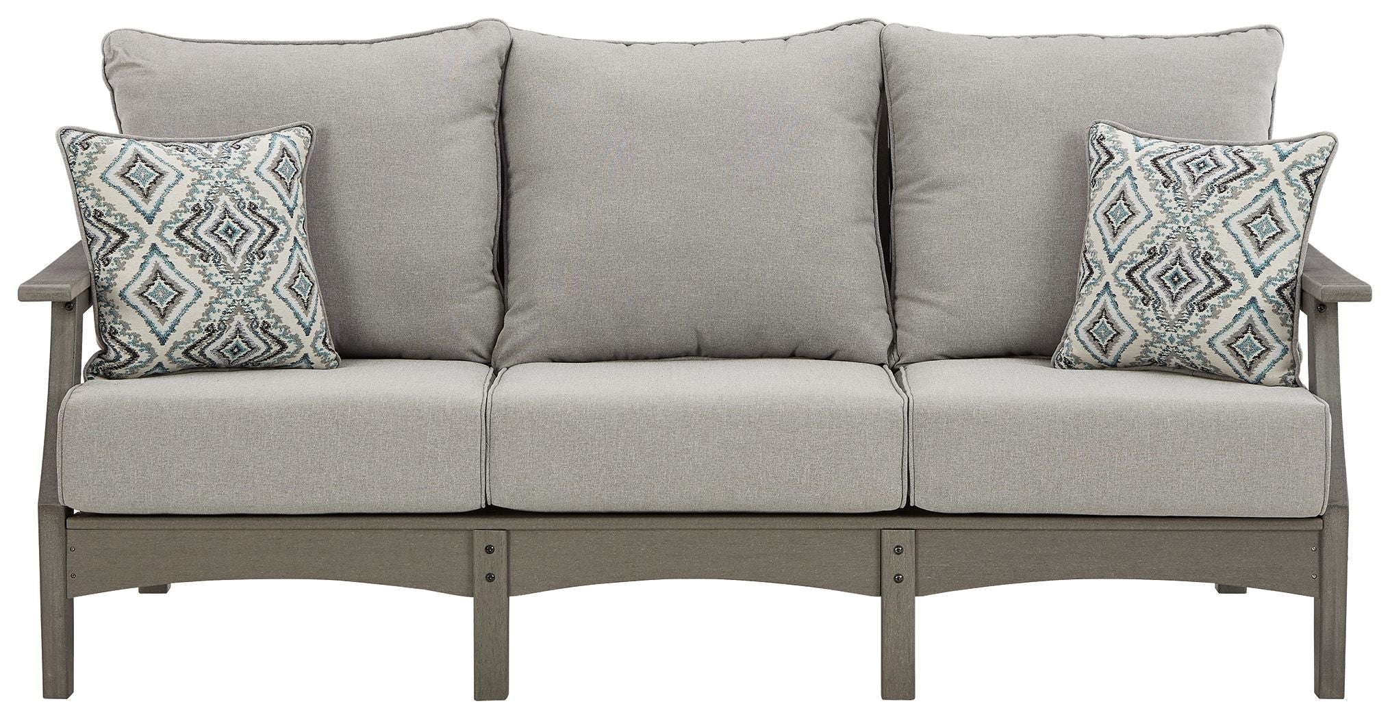 Gray outdoor sofa with three seat cushions and two geometric patterned back pillows