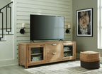 Light brown extra large TV stand with open shelves, drawers, and glass doors