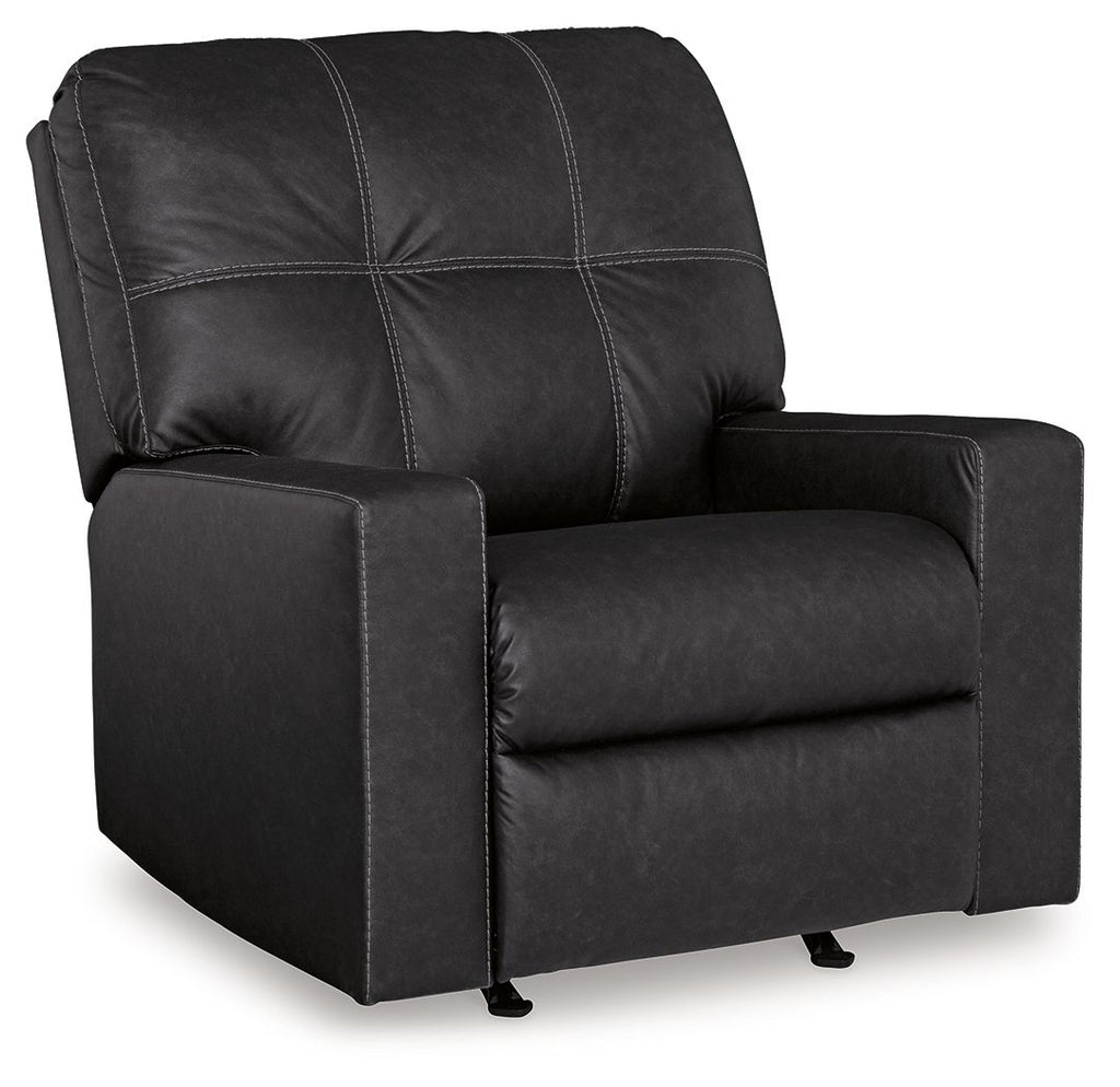 Black rocker recliner with tufted back, padded armrests, and cushioned seat