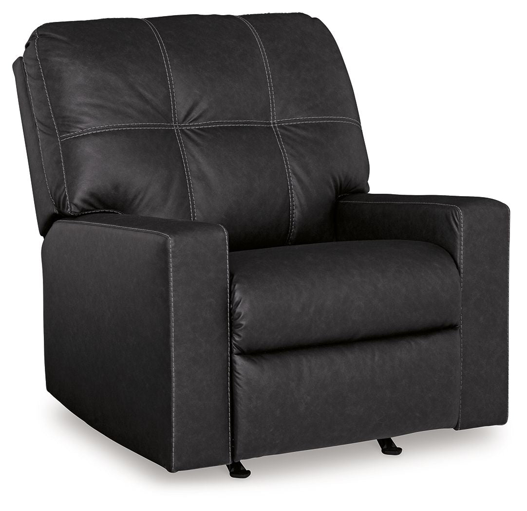 Black rocker recliner with tufted back, padded armrests, and cushioned seat