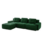 Green corduroy modular sectional sofa, three-seat L-shaped with ottoman