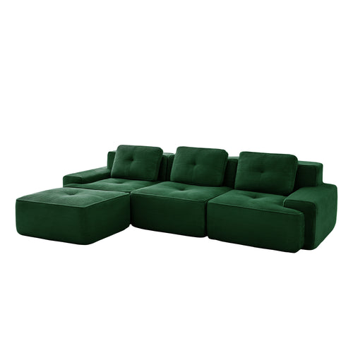 Green corduroy modular sectional sofa, three-seat L-shaped with ottoman