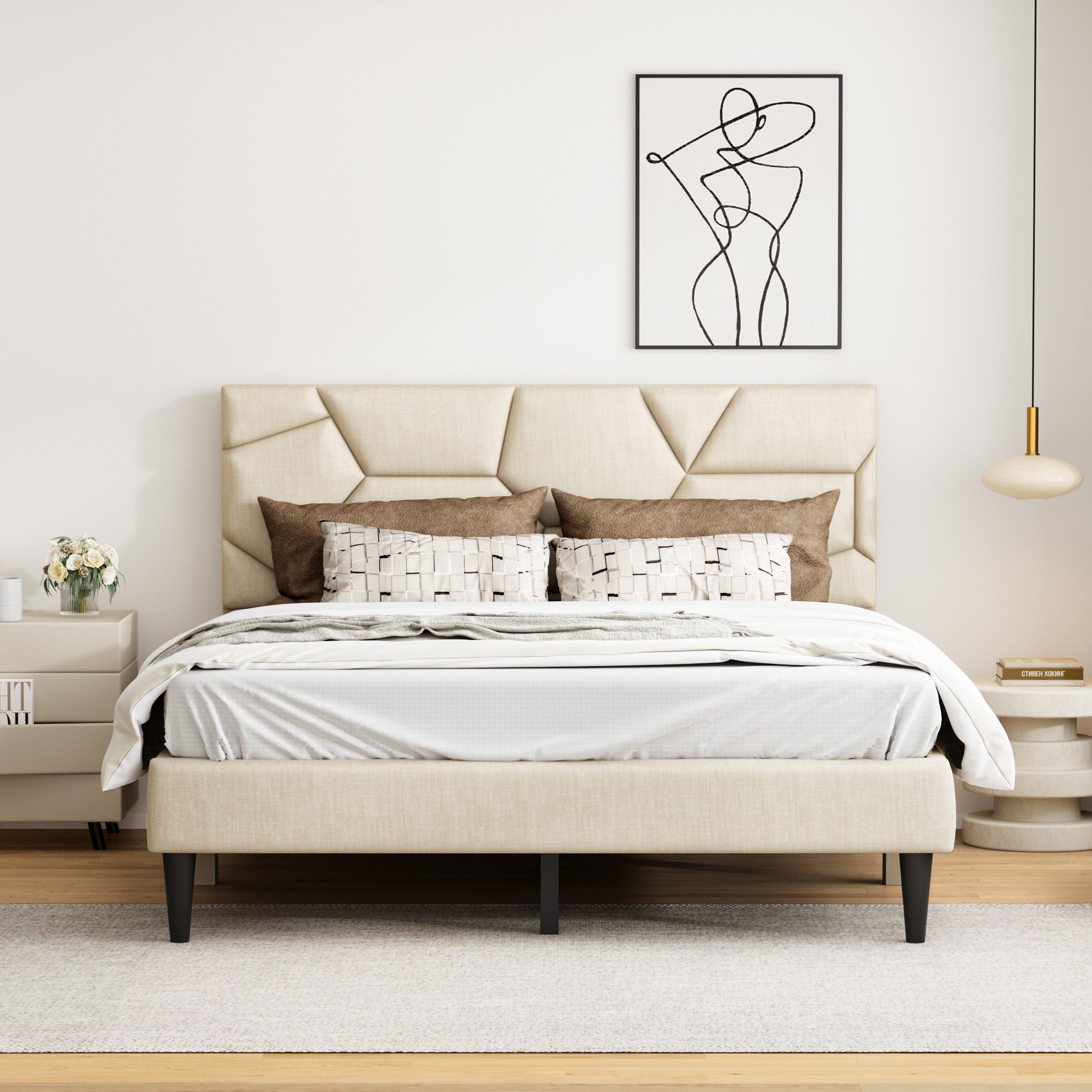 Queen Bed Frame, Linen Storage Headboard, Stable, No Box Spring, Beige