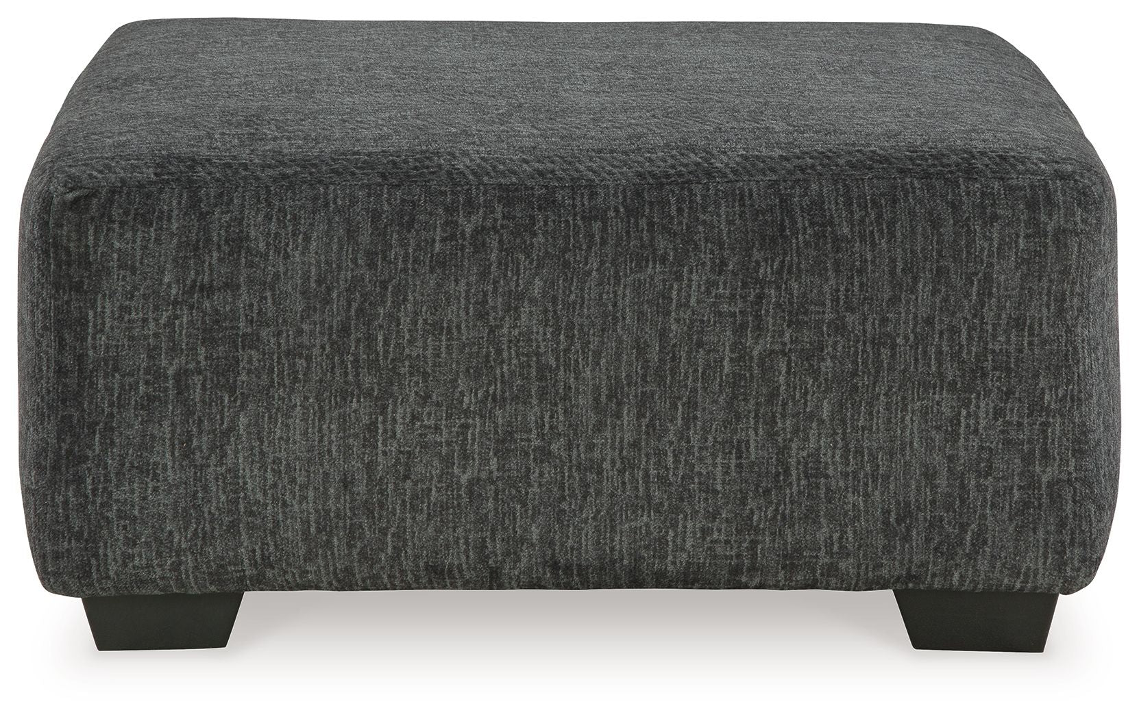 Oversized accent ottoman, dark gray textured fabric, square profile, short block legs
