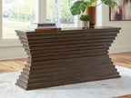 Warm brown sofa table with sculpted stacked sides and flat rectangular top