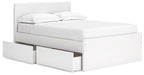 White panel platform bed with headboard and under-bed storage drawer.